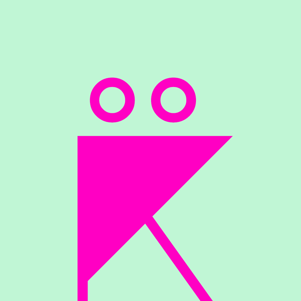 A purple frog made from the character K̈ on a light green background.