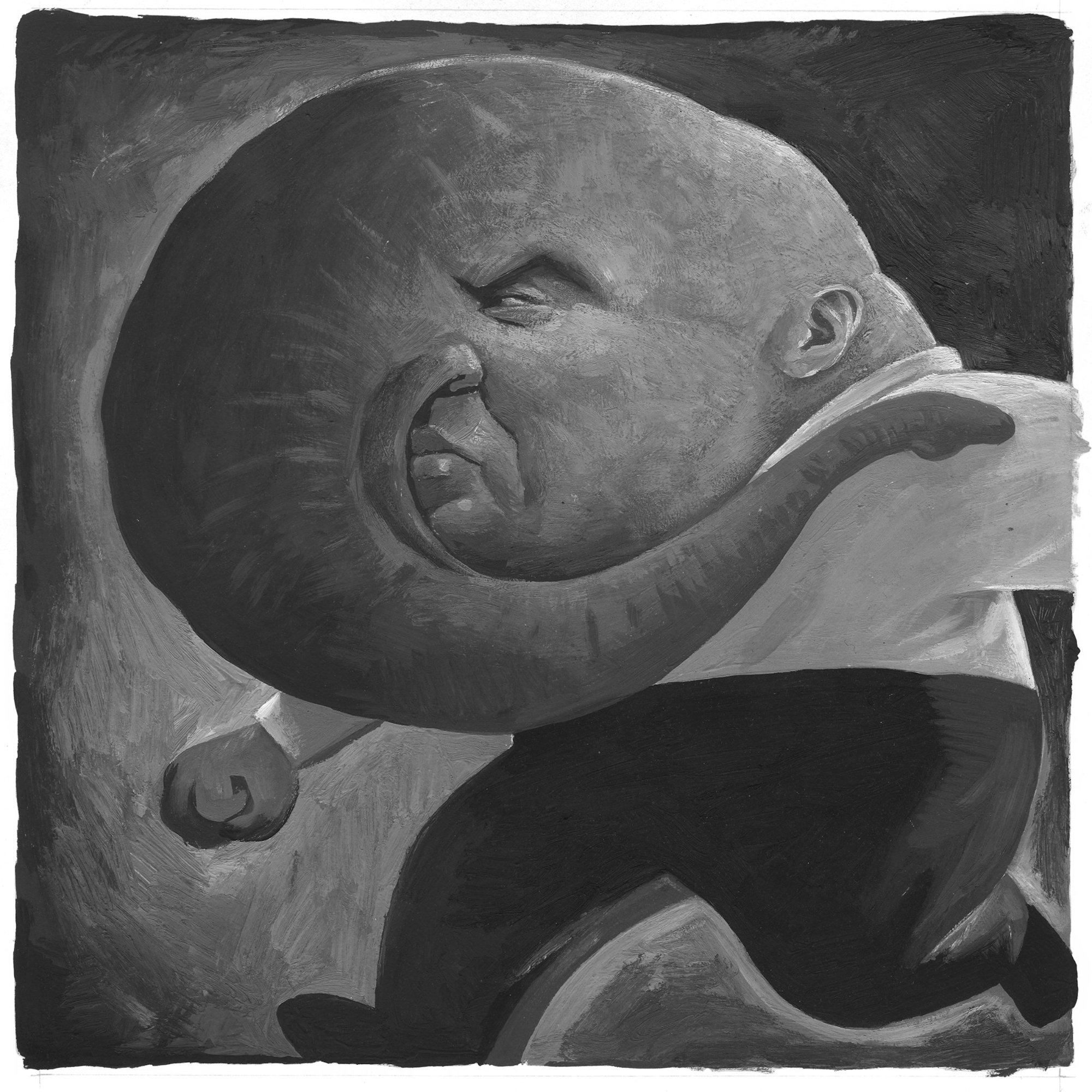 A sour-looking elephant man walking decisively.